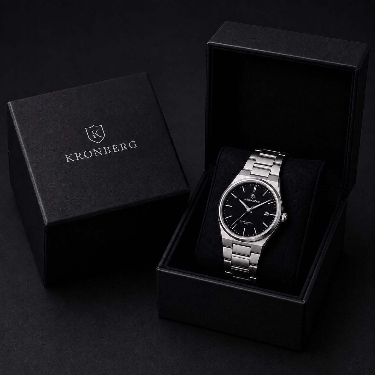 The Kronberg presentation box, open, with the Classic resting on the cushion.