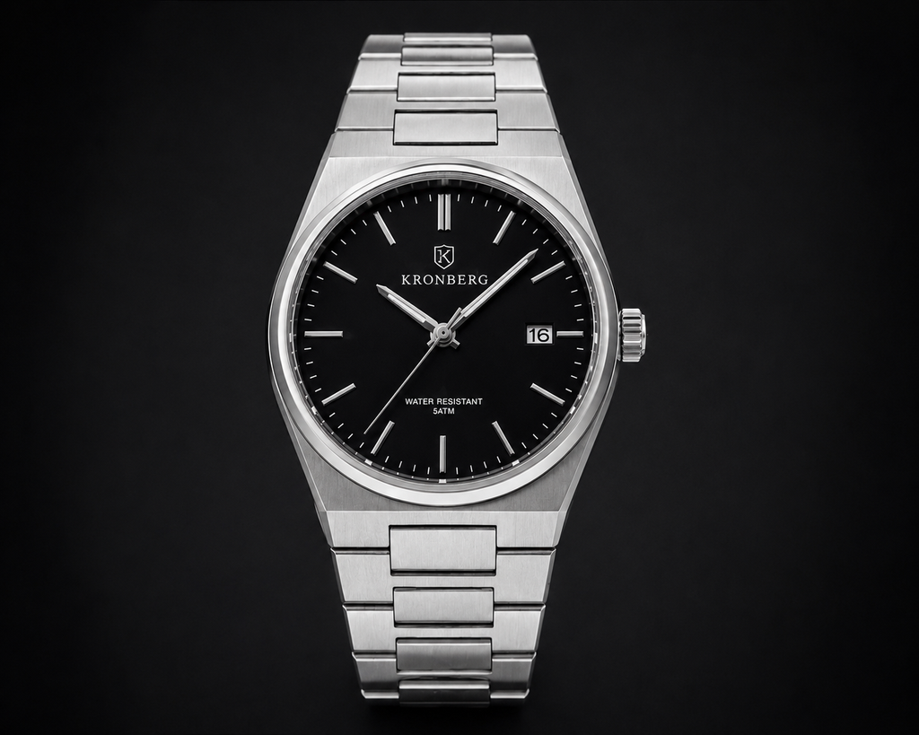 Kronberg Classic watch — 316L stainless steel case with integrated bracelet, front view