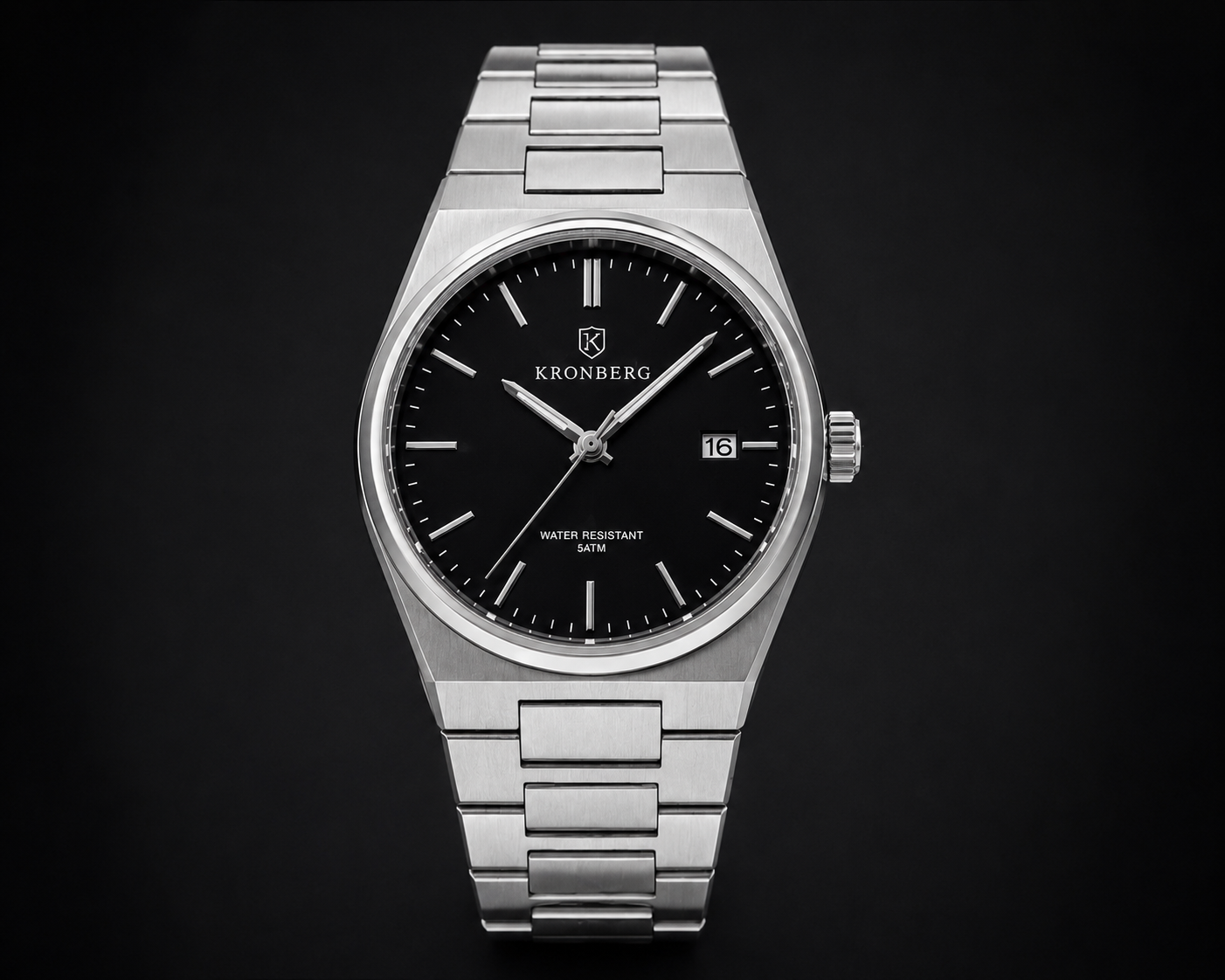 Kronberg Classic watch — 316L stainless steel case with integrated bracelet, front view