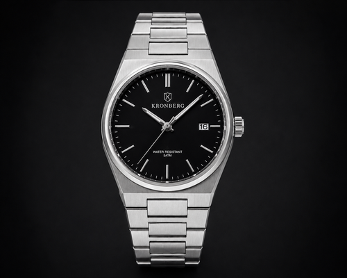 Kronberg Classic watch — 316L stainless steel case with integrated bracelet, front view