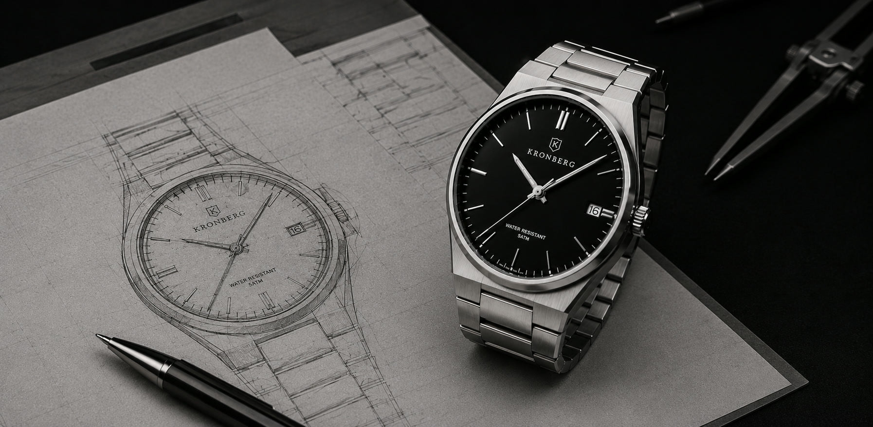 The finished Kronberg Classic next to the original pencil drawing of the case and bracelet, with a compass and a pen on the desk.