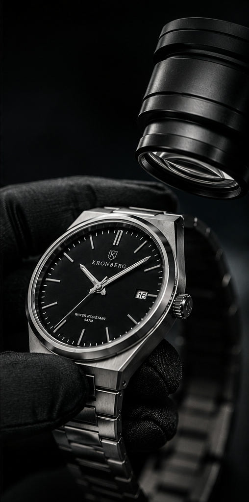 A gloved hand holding the Kronberg Classic under a watchmaker's loupe.